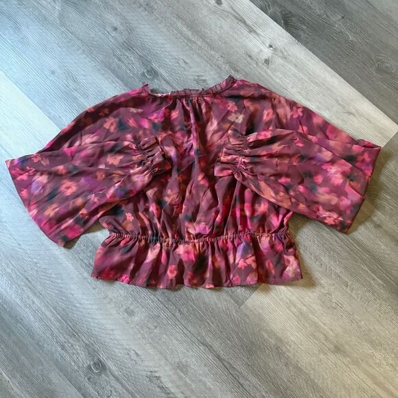 Steve Madden Wine Floral Blouse Button Down Top Feminine Ruffles - Picture 6 of 10